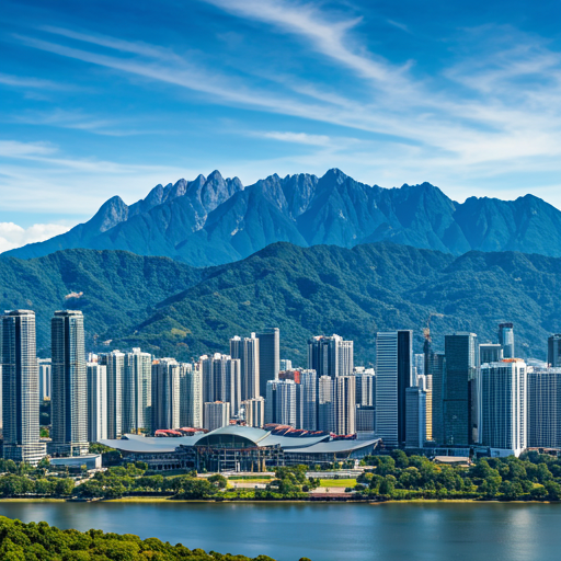 Malaysian landscape — mountain range and modern city skyline with lush tropical greenery