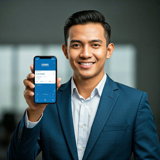 Young Malaysian entrepreneur smiling confidently while holding a smartphone showing the GEMS app